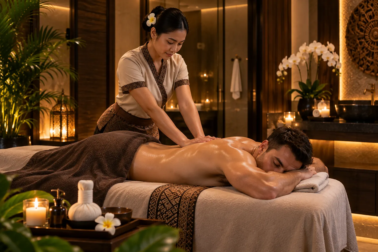 Back massage with warm oil in a candle-lit treatment room