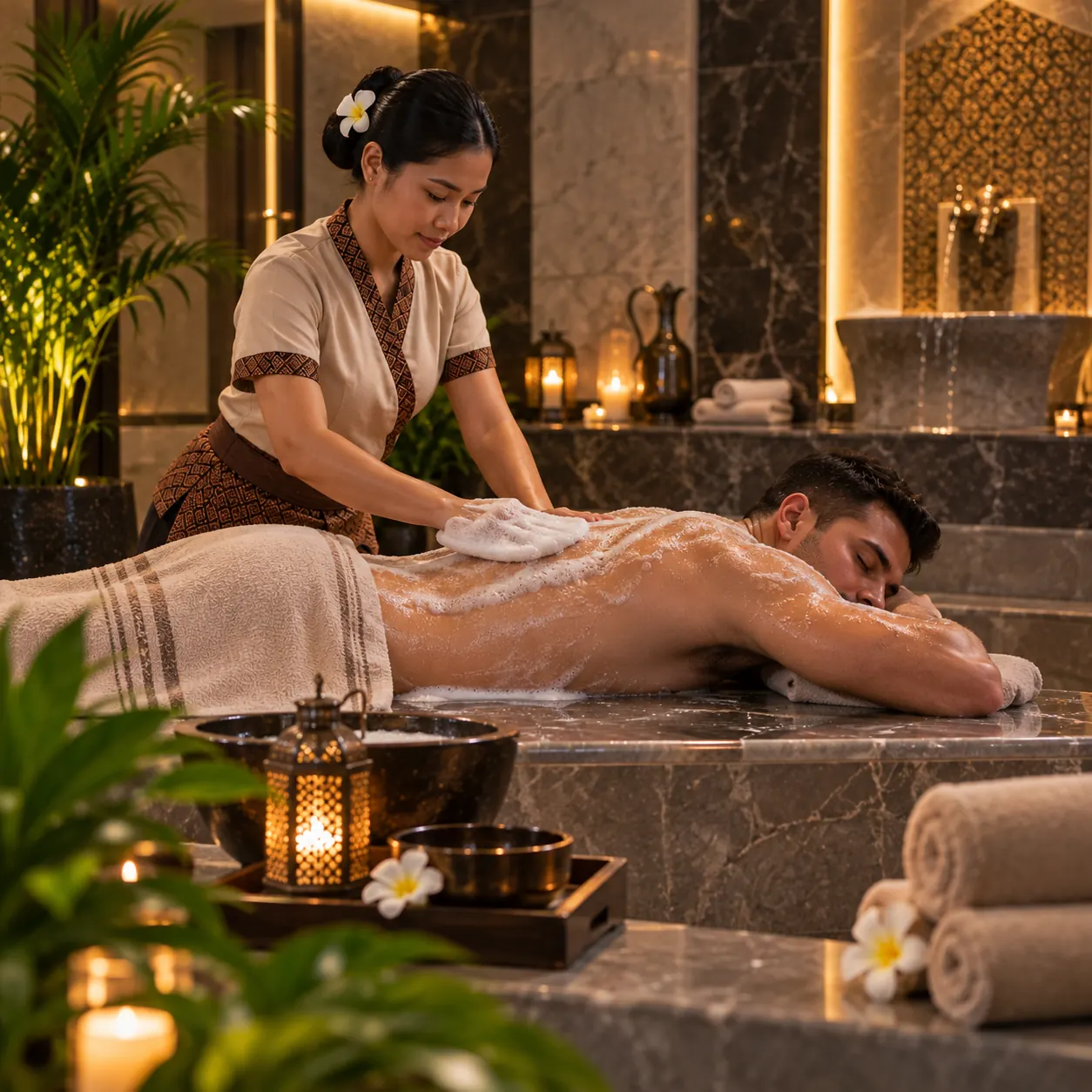 Exfoliating body scrub being applied on a marble hammam table