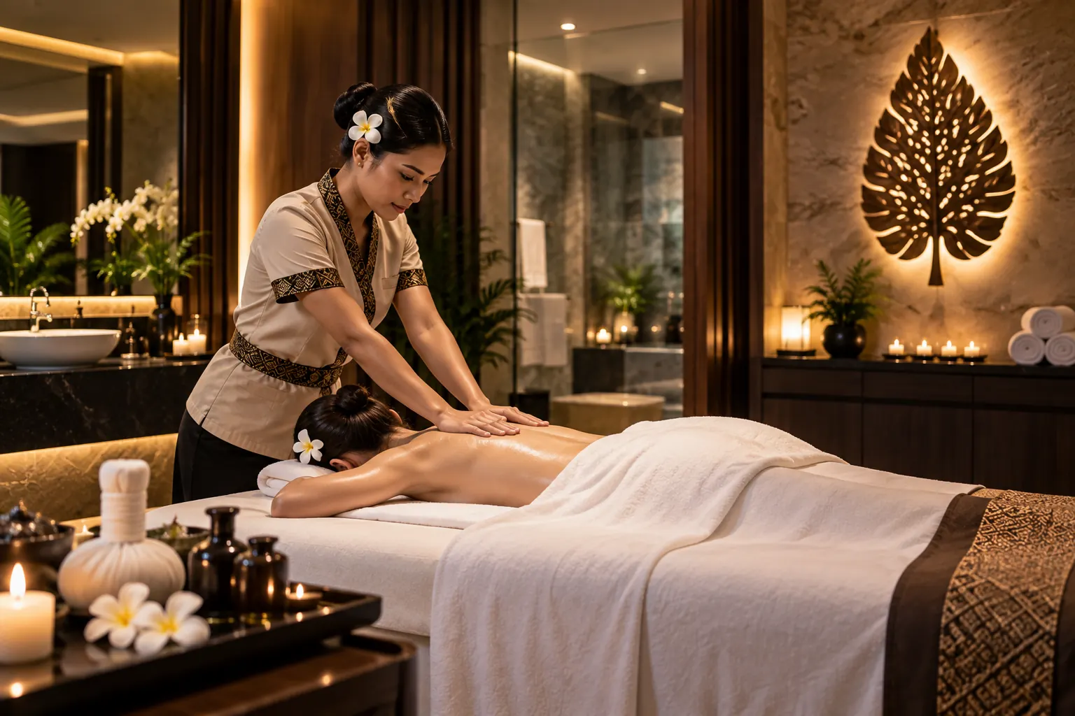 Warm herbal compress resting on a guest's back during a treatment