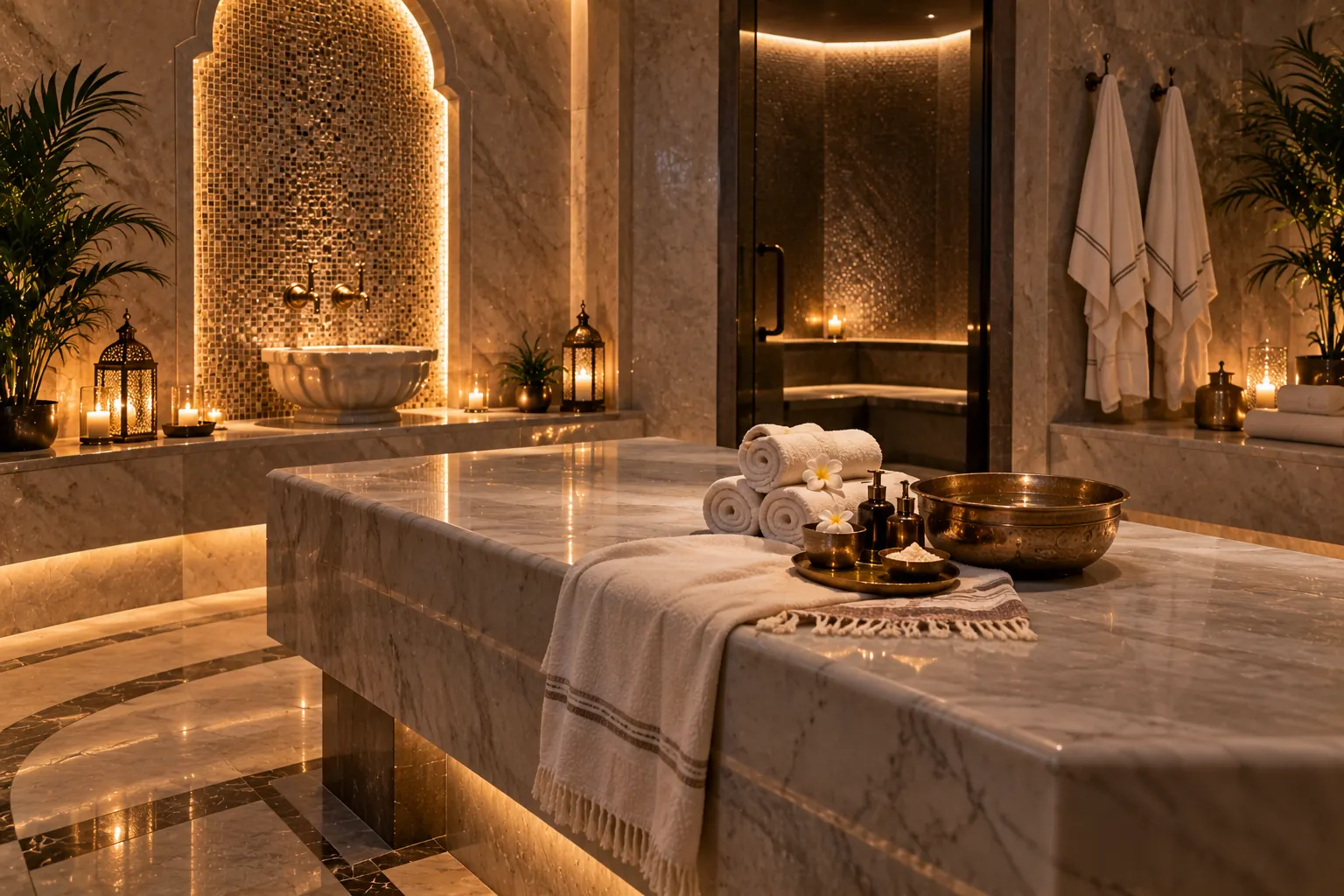 Heated marble hammam table with towels, brass bowl and lanterns