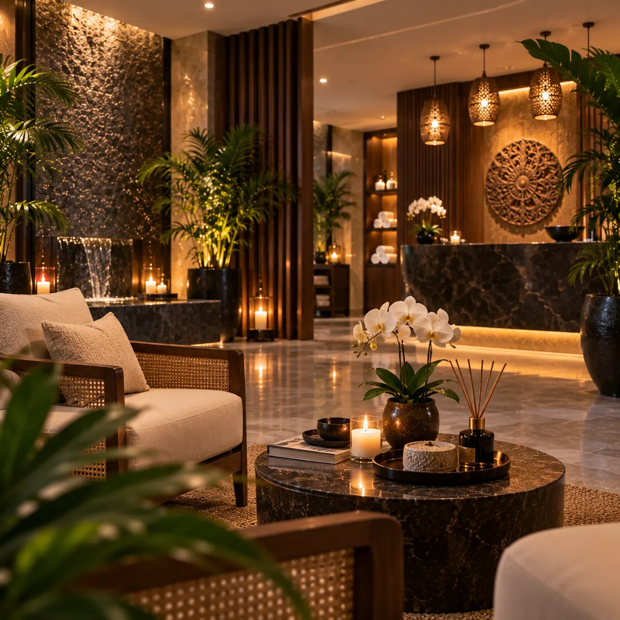 Spa lounge with cream sofa, orchid and candle on a marble table