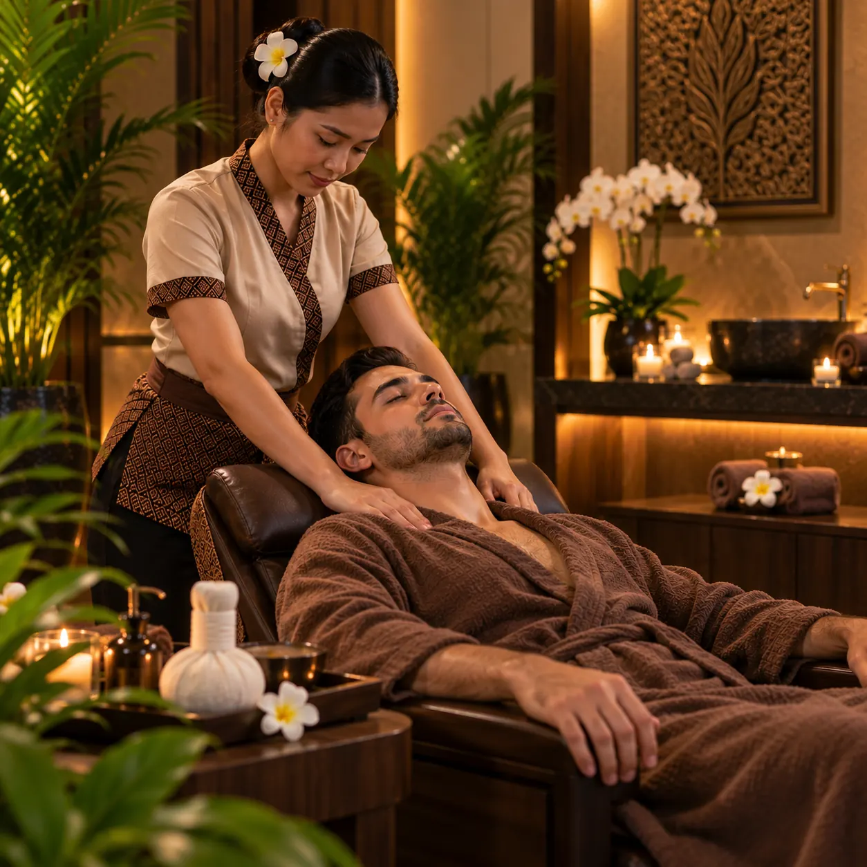Neck and shoulder massage for a guest in a bathrobe