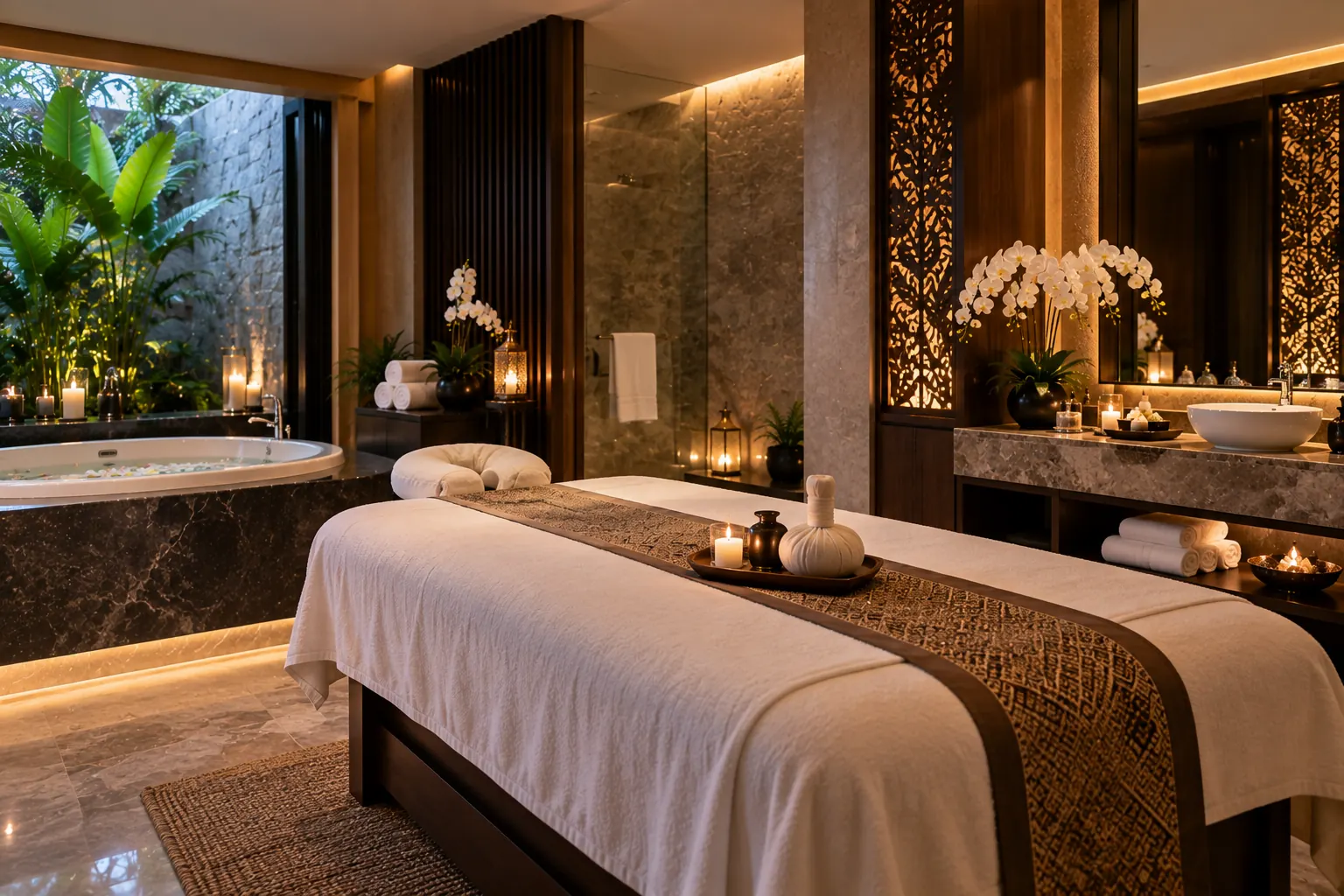 Private spa suite with massage bed, bath and candlelight