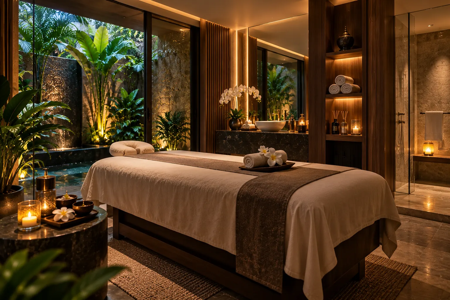 Treatment room with massage bed, wooden panelling and garden view