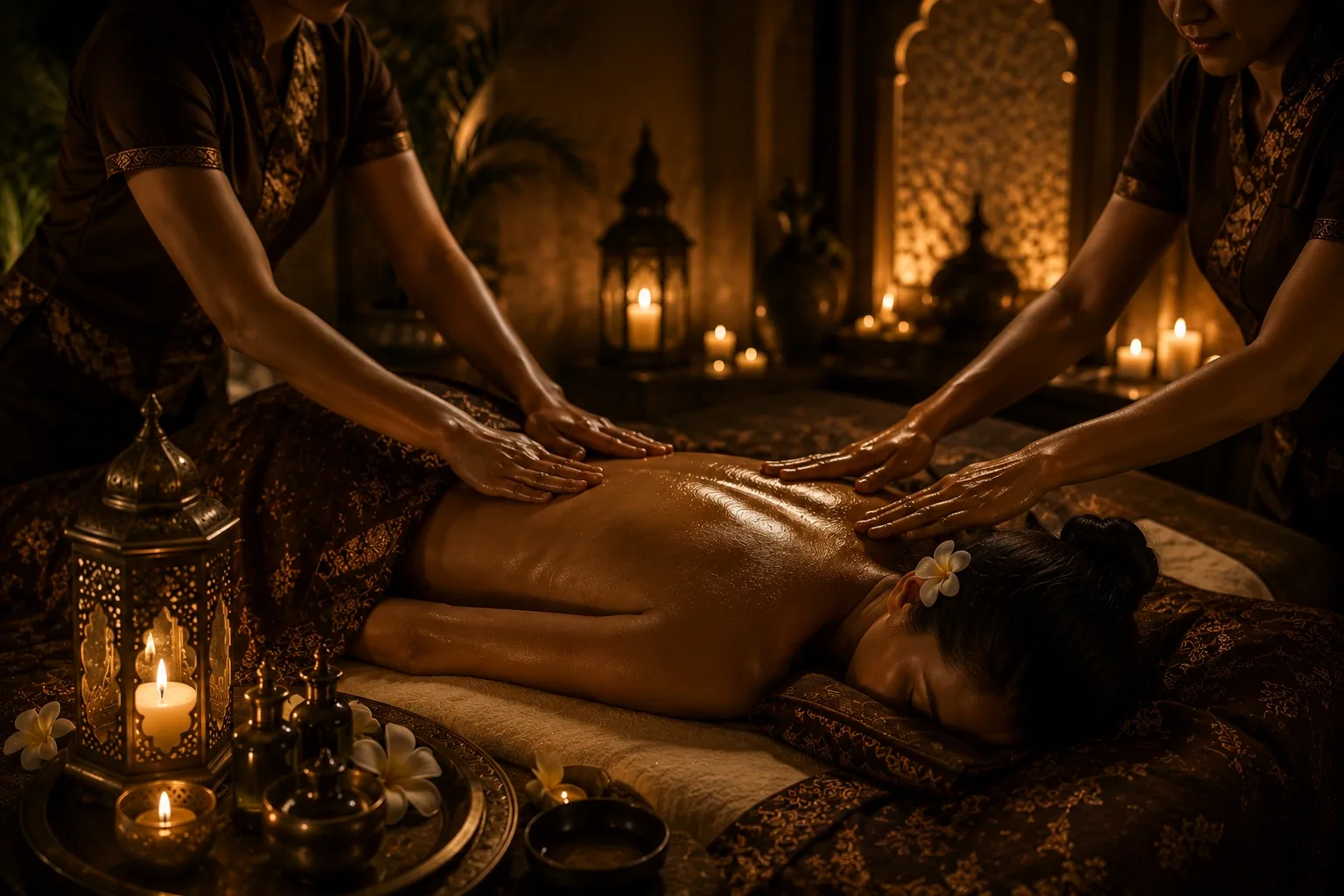 Four hand massage performed by two therapists at Opaline Spa Dubai