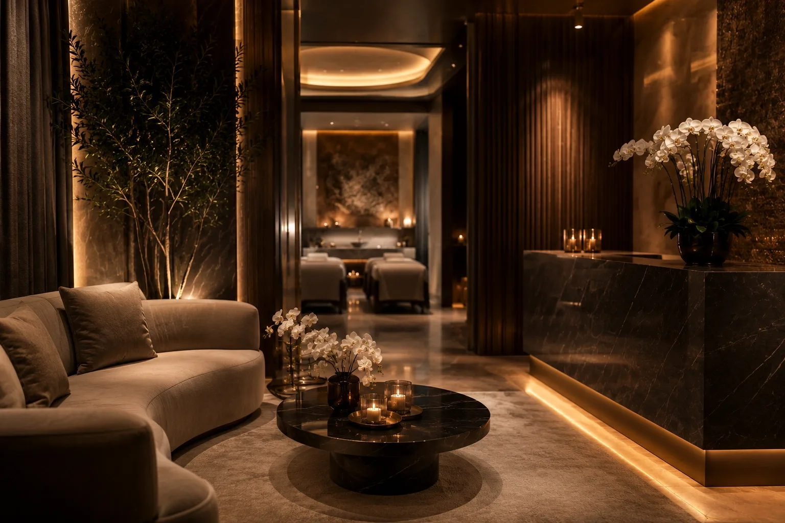 Elegant lounge and reception area at Opaline Spa, Sheikh Zayed Road, Dubai